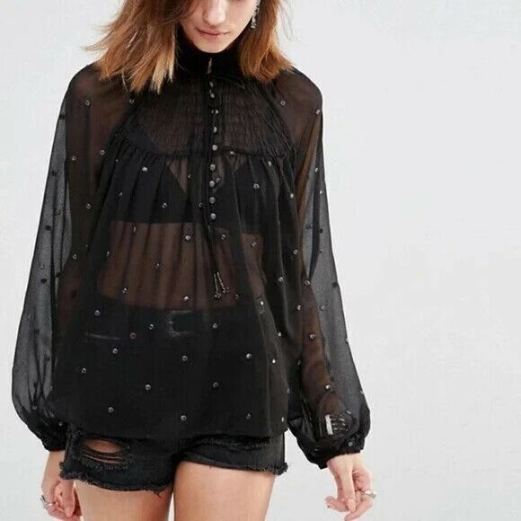 Free People Ready to Run Black Chiffon Boho sheer Long sleeve Top XS - Picture 1 of 7